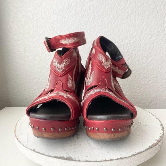 Lane Boots LEXINGTON Womens Red Wedges 10 Western Sandals Cowgirl Wooden Heels - Picture 5 of 11